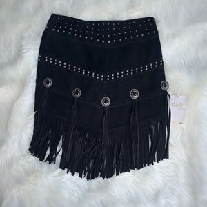 Scully Lamb Suede Fringe Midi Skirt - Black Size XL